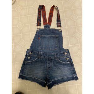 Levi’s Jean Denim Distressed Logo Red Suspenders Shortalls Overalls EUC 12